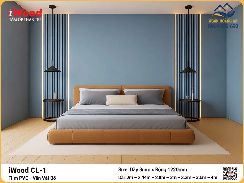 Tấm Ốp Than Tre Đa Năng Vân Vải Bố Ghi Xanh iWood CL-1